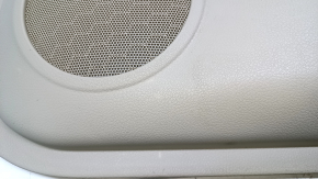 Door trim card front right Nissan Rogue 14-20 beige with beige insert plastic, armrest beige leather, molding graphite structure, scuffs, dents, whitened plastic