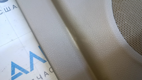 Door trim card front right Nissan Rogue 14-20 beige with beige insert plastic, armrest beige leather, molding graphite structure, scuffs, dents, whitened plastic