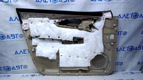 Door trim card front right Nissan Rogue 14-20 beige with beige insert plastic, armrest beige leather, molding graphite structure, scuffs, dents, whitened plastic