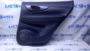 Door trim card rear right Nissan Rogue 17-20 black with black insert plastic, armrest black leather, molding carbon glossy, scuffs, scratches