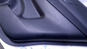 Door trim card rear right Nissan Rogue 17-20 black with black insert plastic, armrest black leather, molding carbon glossy, scuffs, scratches