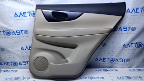 Door trim card rear right Nissan Rogue 14-20 beige with beige insert plastic, molding carbon glossy, armrest beige leather, scratches, abrasions, scuffs, bumps
