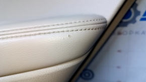 Door trim card rear right Nissan Rogue 14-20 beige with beige insert plastic, molding carbon glossy, armrest beige leather, scratches, abrasions, scuffs, bumps