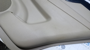 Door trim card rear right Nissan Rogue 14-20 beige with beige insert plastic, molding carbon glossy, armrest beige leather, scratches, abrasions, scuffs, bumps