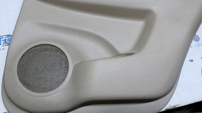 Door trim card rear right Nissan Rogue 14-20 beige with beige insert plastic, molding carbon glossy, armrest beige leather, scratches, abrasions, scuffs, bumps