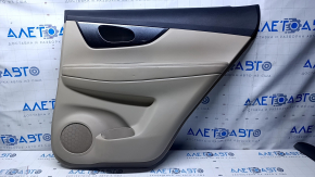 Door trim card rear right Nissan Rogue 14-20 beige with beige insert plastic, molding carbon glossy, armrest beige leather, scratches, abrasions, scuffs, dent, plastic turned white