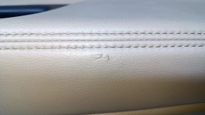 Door trim card rear right Nissan Rogue 14-20 beige with beige insert plastic, molding carbon glossy, armrest beige leather, scratches, abrasions, scuffs, dent, plastic turned white