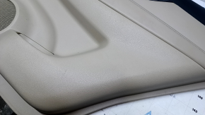 Door trim card rear right Nissan Rogue 14-20 beige with beige insert plastic, molding carbon glossy, armrest beige leather, scratches, abrasions, scuffs, dent, plastic turned white