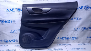 Door trim card rear right Nissan Rogue 14-20 black with black insert plastic, armrest black leather, molding carbon glossy, scuffs, scratches
