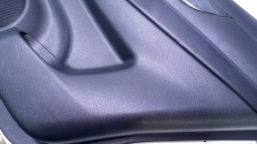 Door trim card rear right Nissan Rogue 14-20 black with black insert plastic, armrest black leather, molding carbon glossy, scuffs, scratches
