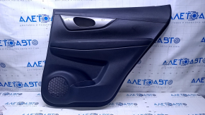 Door trim card rear right Nissan Rogue 14-20 black with black insert plastic, armrest black leather, molding graphite structure, abrasions, scratches