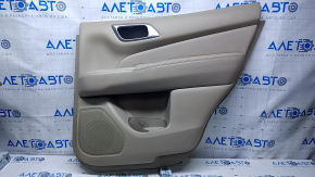 Door trim card rear right Nissan Pathfinder 13-20 beige with beige insert leather, armrest beige leather, molding handle gray structure, scratches, abrasions, scuffs, whitened plastic