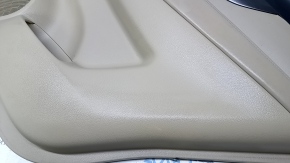 Door trim card rear right Nissan Rogue 14-20 beige with beige insert plastic, molding graphite structure, armrest beige leather, scuffs, scratches, whitened plastic