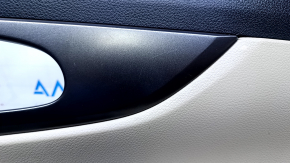 Door trim card rear right Nissan Rogue 14-20 beige with beige insert plastic, molding graphite structure, armrest beige leather, scuffs, scratches, whitened plastic