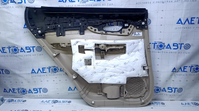 Door trim card rear right Nissan Rogue 14-20 beige with beige insert plastic, molding graphite structure, armrest beige leather, scuffs, scratches, whitened plastic