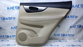 Door trim card rear right Nissan Rogue 14-20 beige with beige insert plastic, molding graphite structure, armrest beige leather, scuffs, scratches