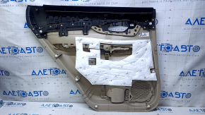Door trim card rear right Nissan Rogue 14-20 beige with beige insert plastic, molding graphite structure, armrest beige leather, scuffs, scratches