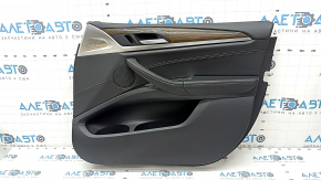 Door trim card front right BMW X3 G01 18-21 black leather, insert black Vernasca leather, gray stitching, dark oak trim, cracked handle and trim of glass control, swollen varnish,