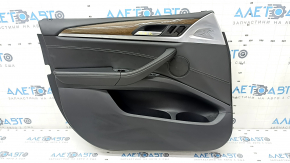 Door trim card front left BMW X3 G01 18-21 black leather, insert leather Vernasca black, gray stitching, overlay dark oak, cracked handle and overlay control glass, scratches