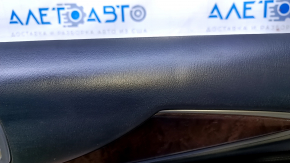Door trim card rear right Infiniti JX35 QX60 13- black with black insert leather, armrest black leather, molding dark wood gloss, scratches, abrasions, dents