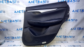 Door trim card rear right Infiniti QX50 19- black, insert black leather, armrest black leather, gray stitching, molding silver, scratches, dents, abrasions, broken fastener