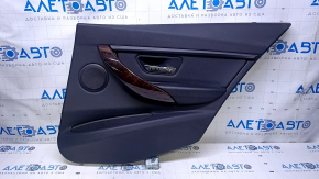 Door trim card rear right BMW 3 F30 12-18 black with black insert leather, armrest black leather, overlay dark wood, dents, abrasions, scratches