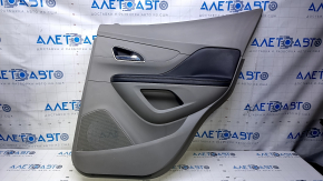 Door trim card rear right Buick Encore 13-16 gray with gray insert plastic, armrest black leather, scratches, abrasions, dent, scuff, broken fastener