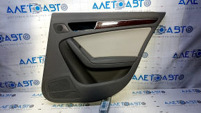 Door trim card rear right Audi A4 B8 13-16 rest black with beige insert leather, rubber armrest, molding under wood gloss, sedan, abrasions, scratches, scuffing, broken fastener