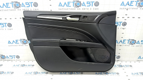 Door trim card front left Ford Fusion mk5 17-20 titanium, black with black insert leather, armrest leather, molding gray, with window lifter trim, cracks on molding, missing fra