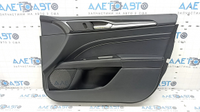 Door trim card front right Ford Fusion mk5 17-20 titanium, black with black insert leather, armrest leather, molding gray, with window lifter trim, plastic turned white, dent, cracks in 