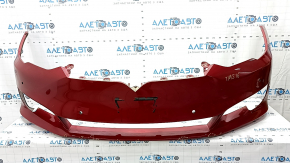 Front bare bumper Tesla Model S 16-20 rest, assembled, red, for 6 parking sensors, with eyelets, wiring, turn signals and radiator grille, cracked mount, scratches, sand, part of the emblem is missing