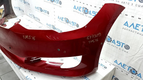 Front bare bumper Tesla Model S 16-20 rest, assembled, red, for 6 parking sensors, with eyelets, wiring, turn signals and radiator grille, cracked mount, scratches, sand, part of the emblem is missing