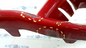 Front bare bumper Tesla Model S 16-20 rest, assembled, red, for 6 parking sensors, with eyelets, wiring, turn signals and radiator grille, cracked mount, scratches, sand, part of the emblem is missing