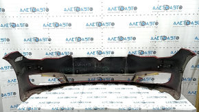 Front bare bumper Tesla Model S 16-20 rest, assembled, red, for 6 parking sensors, with eyelets, wiring, turn signals and radiator grille, cracked mount, scratches, sand, part of the emblem is missing