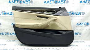 Door trim card front left BMW 5 G30 17-23 beige leather, dark wood insert, beige leather armrest, handle defect, scratches