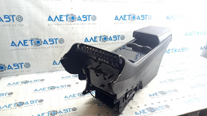 Central console armrest and cup holders Tesla Model 3 18-20 leather black, glossy overlays, scratches, bumps, without wiring