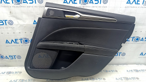 Door trim card rear right Ford Fusion mk5 17-20 black leather with wood insert, leather armrest, gray molding, scratches, dry cleanable