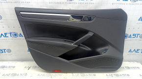 Door trim card front left VW Passat b8 16-19 USA black with black insert plastic, armrest leather, molding black, with handle, scratches, dent