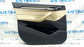 Door trim card front left BMW X1 F48 16-22 leather beige with dark gray oyster/gray, backlight, wood insert, leather armrest, scratches