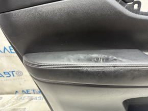 Door trim card front left Nissan Rogue 17-20 black with black insert plastic, armrest leather, under memory, scratches, tears