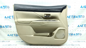 Door trim card front left Mitsubishi Outlander 14-18 beige, armrest beige leather, molding under dark wood, scratches, abrasions, for cleaning