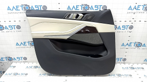 Door trim card front left BMW X5 G05 19-23 leather schwarz/Canberra-Beige, Fineline Stripe wood insert, armrest leather beige, with handle and pads, for memory and massage, scratches, 