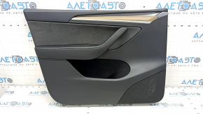 Door trim, front left, Tesla Model Y 20-25, black leather, wood molding, Alcantara insert, with window control and door opening button, matte black trim, scratches