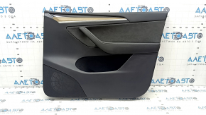 Tesla Model Y 20-25 front right door panel, black leather, wood molding, Alcantara insert, with window control and door opening button, matte black trim, scratched
