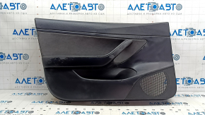 Tesla Model 3 18-20 front left door trim, black leather, Alcantara insert, leather armrest, power window control and door opening button, glossy black, scratches, dented