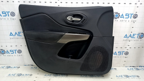 Front left door panel for a Jeep Cherokee KL 19-22, black, with a black leather insert, leather armrest, gray molding, for seat memory, with a handle, scuffs, scratches