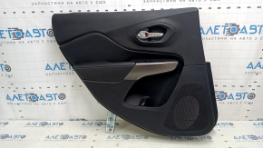 Rear left door panel for a Jeep Cherokee KL 19-22, black with a black leather insert, black leather armrest with white stitching, gray molding, with a handle, scuffs, scratches