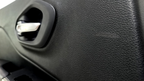 Rear left door panel for a Jeep Cherokee KL 19-22, black with a black leather insert, black leather armrest with white stitching, gray molding, with a handle, scuffs, scratches