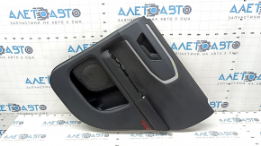 Black rear right door panel for a 2021 Ford Bronco Sport with a handle, gray molding, black leather armrest, plastic insert, scratches, worn, whitened plastic