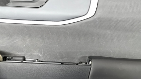 Black rear right door panel for a 2021 Ford Bronco Sport with a handle, gray molding, black leather armrest, plastic insert, scratches, worn, whitened plastic